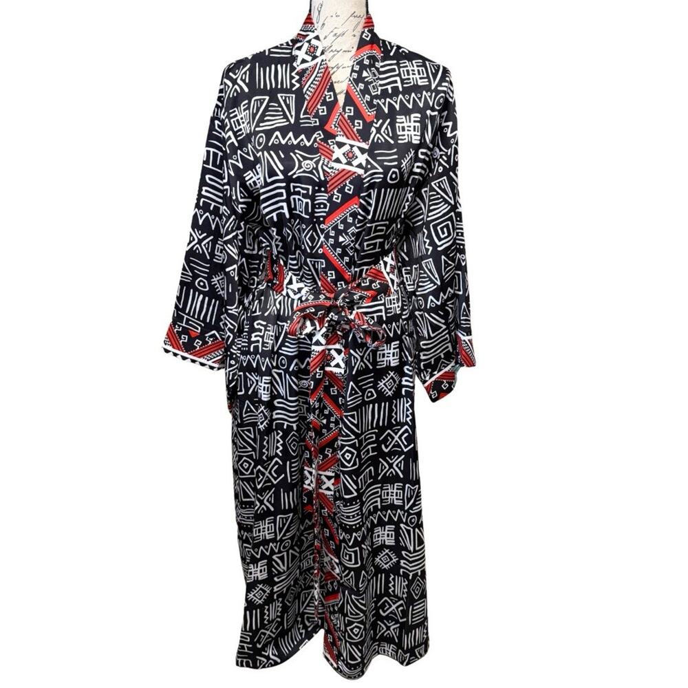 Amania Afrik Long Satin Robe Size S-L Black White Monaco African Print Pockets - Picture 2 of 11